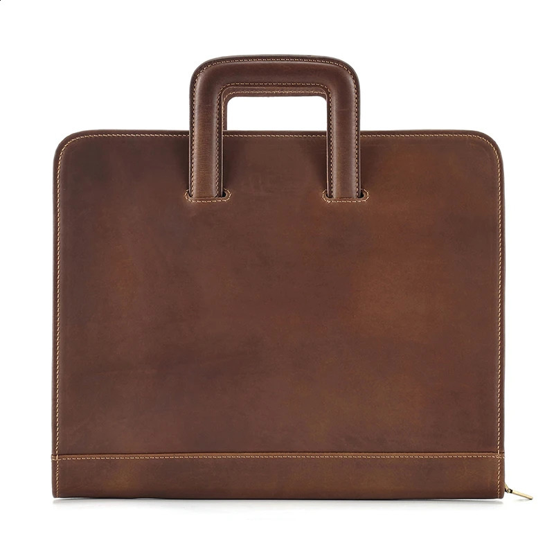 High Quality Vintage A4 Brown Crazy Horse Genuine Leather Executive Office Women Men Briefcase Handbag Portfolio Bag M2215 240821