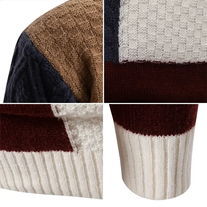 Mens Knitted Sweater Fashion Splicing Warm Half Collar Couple Christmas Pullover Plain 240821