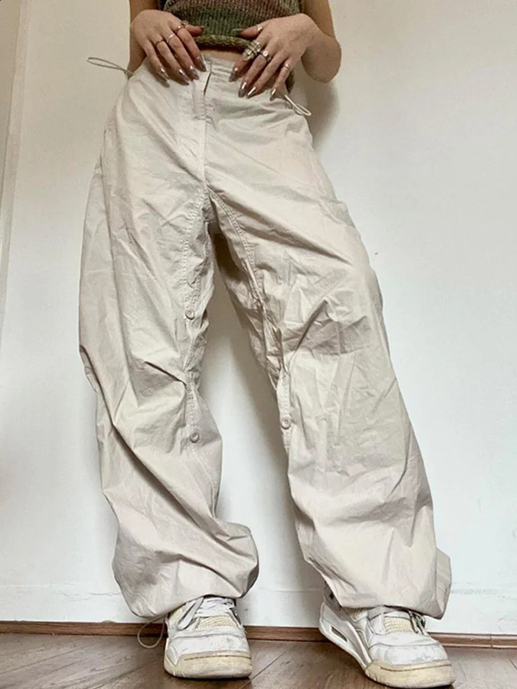 Solid Joggers Tech Pants High Waist Streetwear Fashion Brown Baggy Trousers Y2K Casual Vintage Clothes 240821