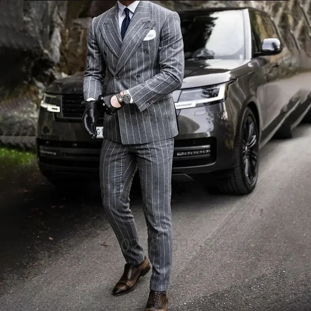 2 Pieces Classic Mens Suit Formal Striped Wedding Business Groom Prom Fashion Double Breasted Casual Slim Fit Blazer Pants 240821