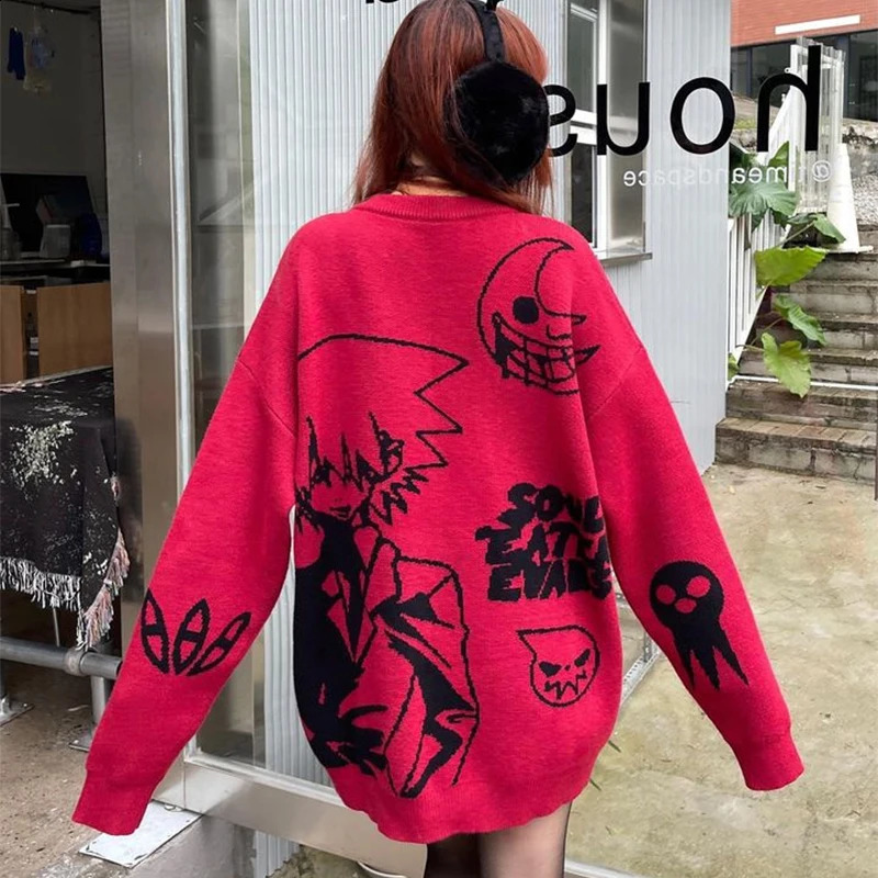 Y2K Harajuku Retro Cartoon Anime Knitted Sweater Mens Winter Super Large Rock Hip Hop Rap Jumping Womens Top 240821