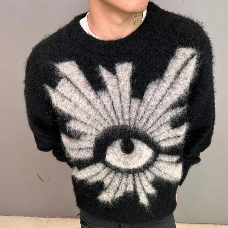 Autumn Winter Top Quality House of Errors Crewneck Knitted Sweater Mens 1 Label Couple Eye Jacquard Black Pullover 240821