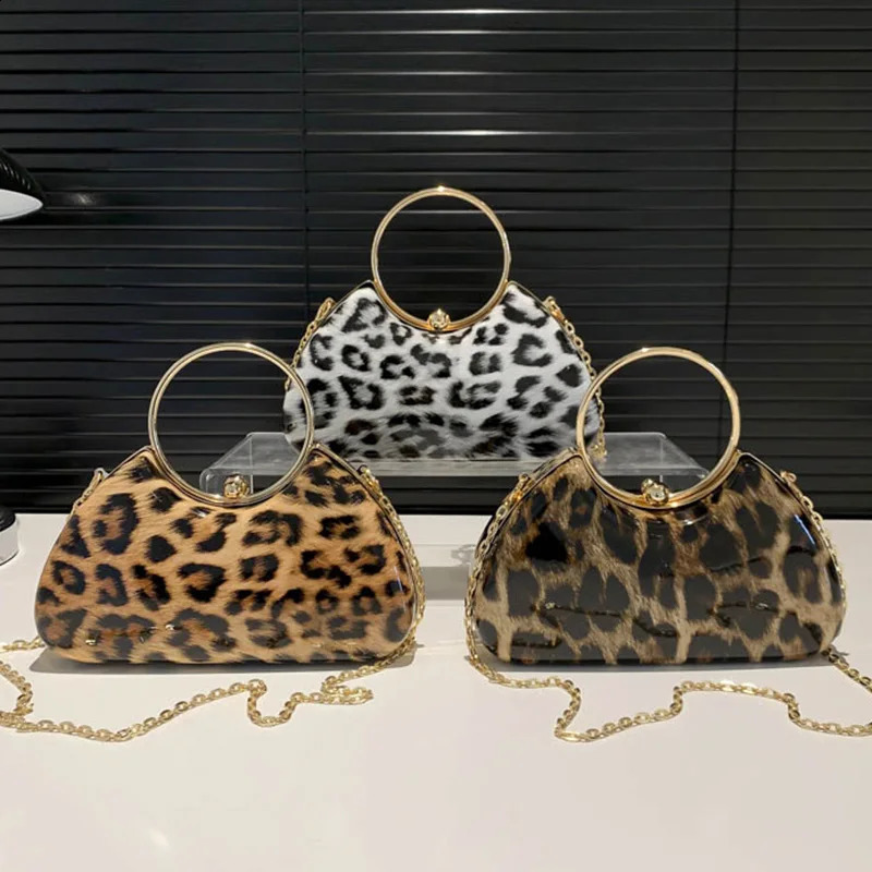 Female Party Purse Metal Ring Handlebag Fashin Day Clutches Khaki Leopard Women Handbag Crossbody Shoulder Bag 240822