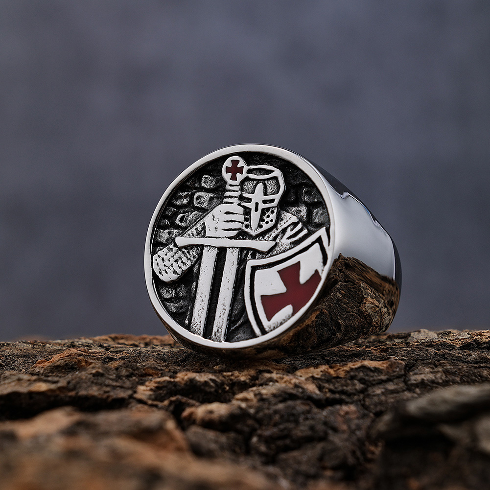 Vintage Knight Cross Casting Ring Titanium Steel Red Oil Drip Mens Jewelry
