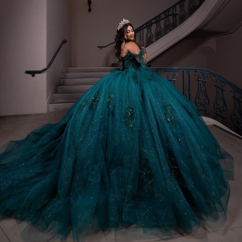 Blackish Green Shiny Off Shoulder Ball Gown Quinceanera Dresses 2025 Birthday Party Applique Lace Beads Tull Sweet 16 Dress vestido 15 de