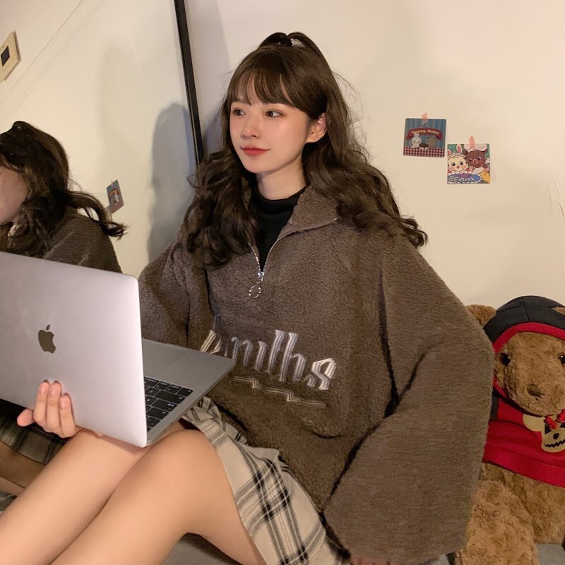 Autumn/Winter New Korean Edition Letter Lamb Plus Fleece Thickened Stand up Collar Zipper Pullover Long Sleeve Hoodie Women's Coat dongdumaoyi