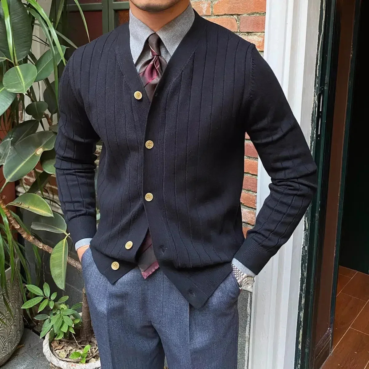 Mens Clothing Solid Color Knit Sweater Male Blue V Neck Plain Slim Fit Business Cardigan Japanese Retro in Winter Wool 240821