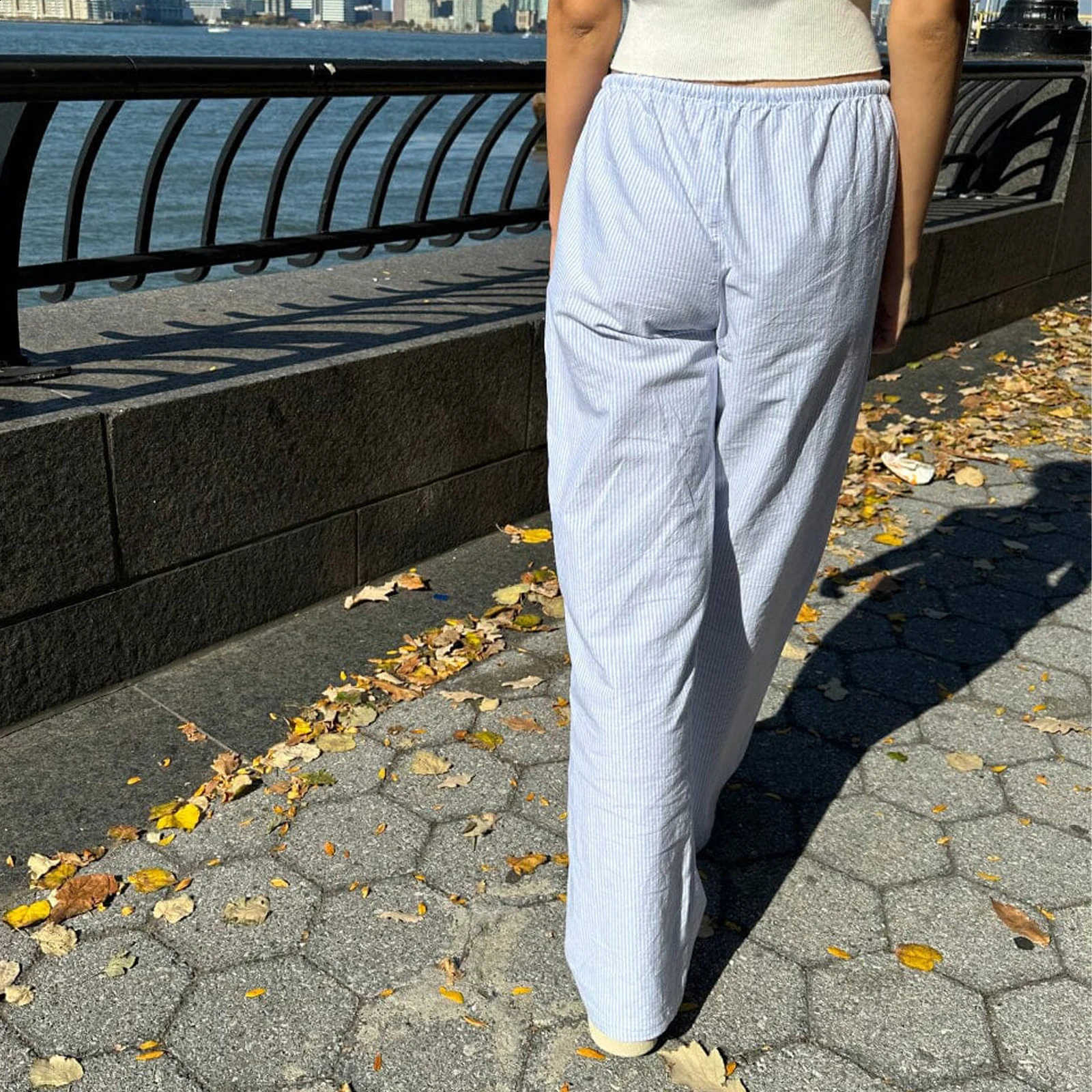 Combhasaki Womens Casual Y2K Cleanfit Striped Pants Drawstring Elastic Low Waist Striped Loose Aesthetic Trousers Streetwear 240821