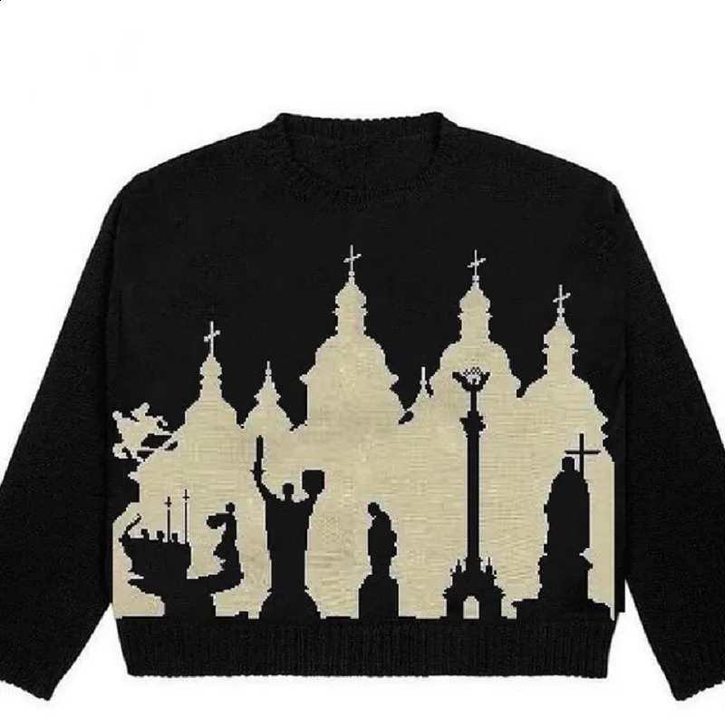Y2K Skull Sweater Hip Hop Retro Mens Casual Harajuku Loose Oneck Winter Pullover High Street 240821