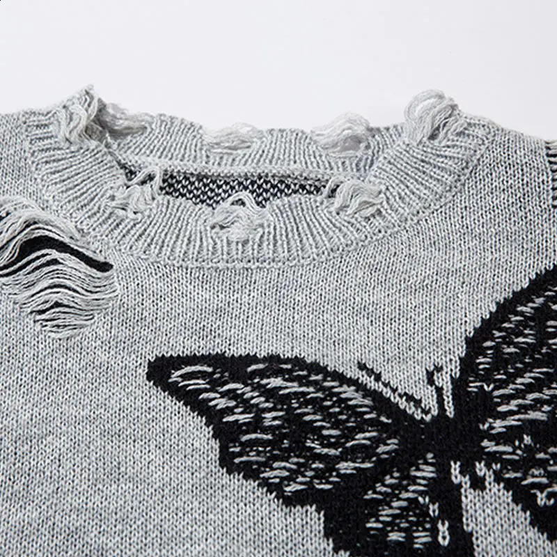 Vintage Oversized Sweater Y2K Grunge Ripped Hole Knitted Butterfly Punk Gothic Jumpers Streetwear Hip Hop Long Sleeve Sweaters 240821
