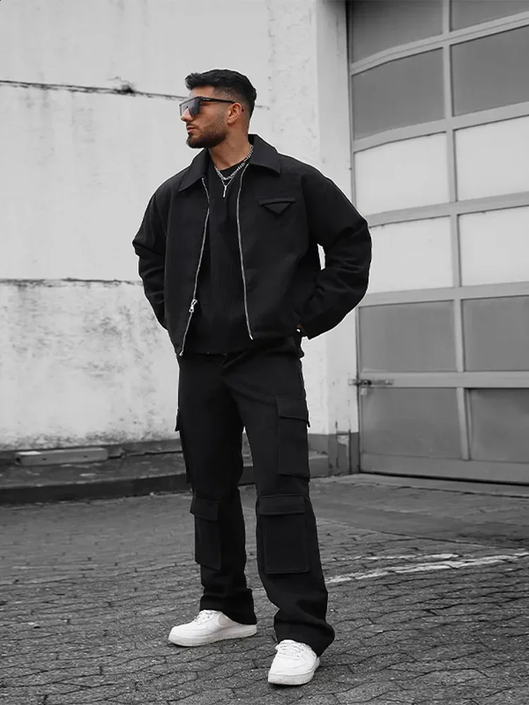 Mens Solid Lapel Long Sleeve Jackets Fashion Pocket Zipper Oversize Outerwear Autumn Man High Quality Street Warm Coat 240821