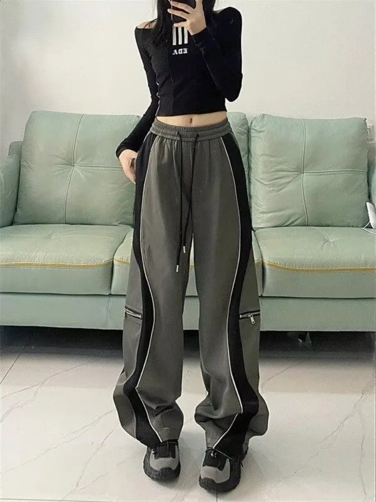 Y2K Line n Pant Women Drawstring Pockets Wide Leg Chic Punk Pants Baggy Striped Sports Sweatpants Parachute Jogger Trousers 240821