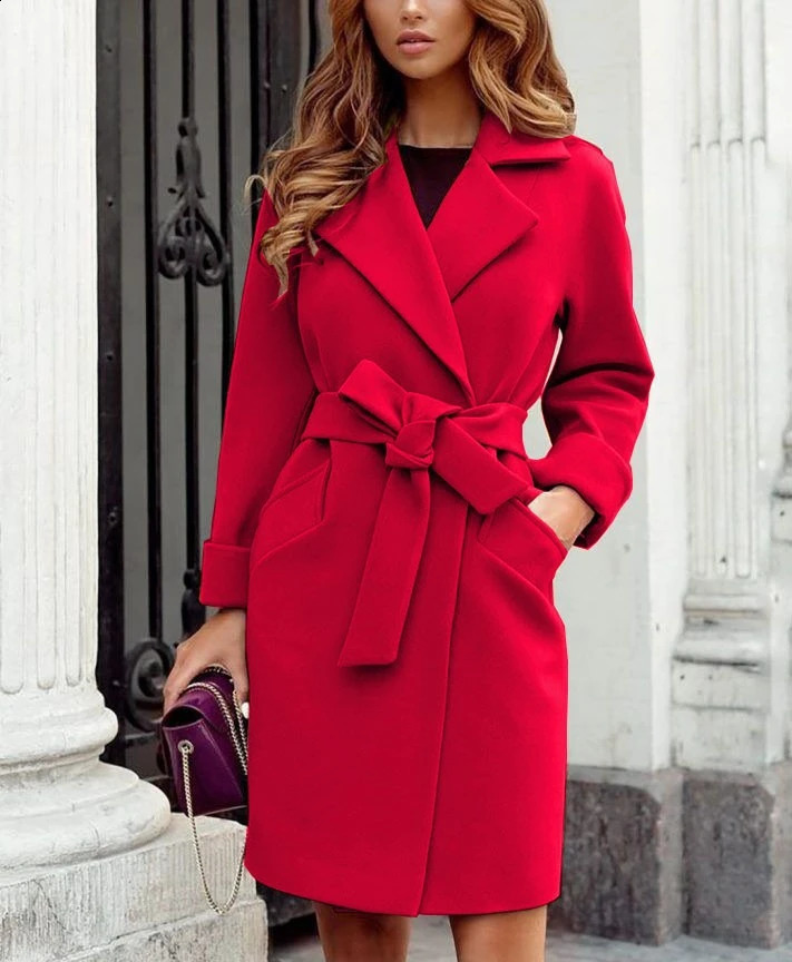 Autumn and Winter Womens Fashionable Slim Fit Temperament Woolen Coat Suit Collar Belt Slim Tie Long-sleeved Woolen Coat 240822
