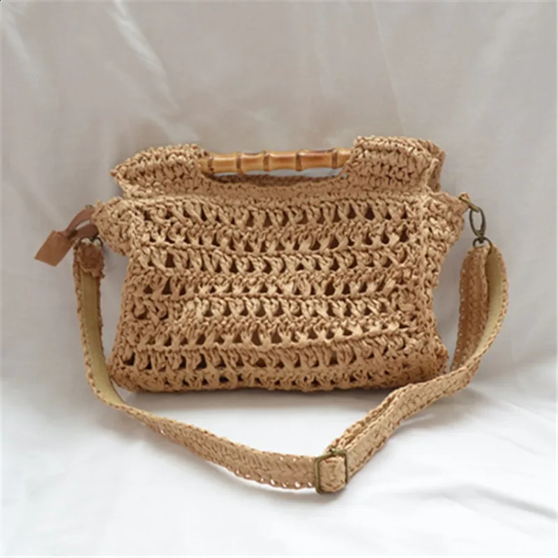 Vintage Bamboo Handle Straw Handbags Casual Paper Woven Women Shoulder Crossbody Bags Handmade Summer Beach Bag Small Tote Purse 240821