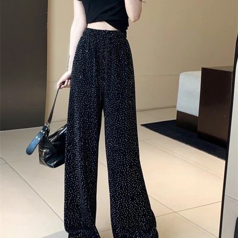 Casual and elegant retro bright diamond crystal wide leg pants Y2K womens pants party womens pants drawstring elastic waist 240821