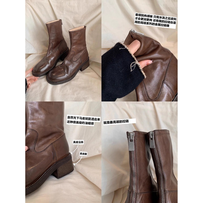 Ddmysports Cowhide Version Su Yinyin S Same Washed Horsehide Pleated Martin Thick And Leg Hugging Motorcycle Short Boots Women Slim OUTDOOR