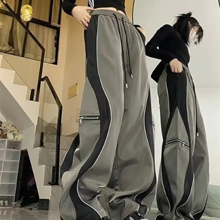 Y2K Line n Pant Women Drawstring Pockets Wide Leg Chic Punk Pants Baggy Striped Sports Sweatpants Parachute Jogger Trousers 240821