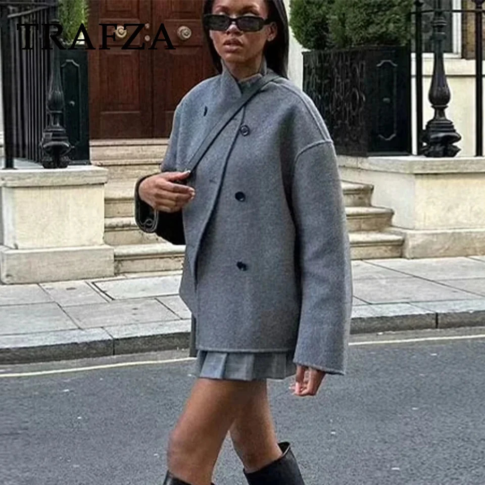 TRAFZA Autumn Winter Women Casual Solid Woolen Coat Fashion Office Lady Loose Double Breasted Turtleneck Demi-season Jacket 240822