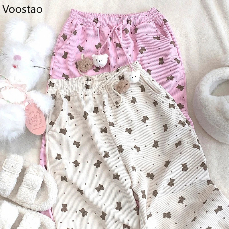 Japanese Sweet Cartoon Bear Print Corduroy Wide Leg Casual Pants Women Vintage Y2k Cute Loose Trouser Korean Harajuku Sweatpants 240821