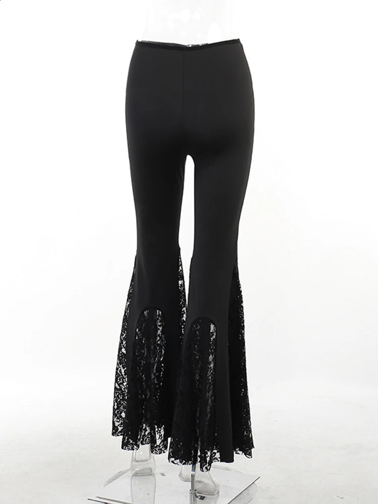 Zoki Harajuku Y2K Lace Up Patchwork Flare Pants Women Gothic Sexy Streetwear Casual Trousers Punk High Waist American Retro Pant 240821