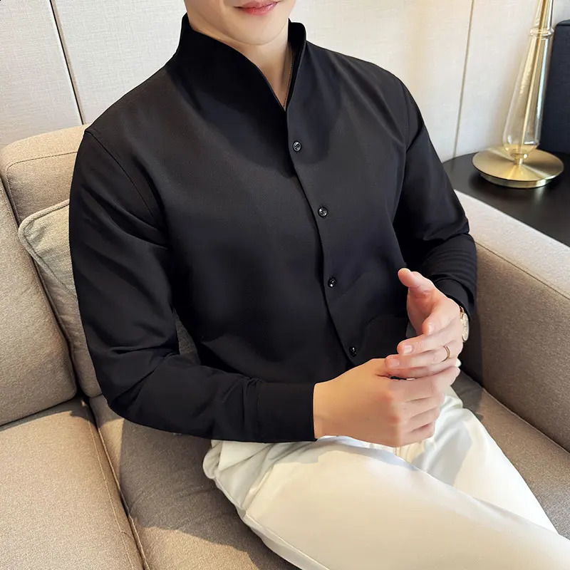 Sexy V-neck Shirt Mens Long Sleeved Casual Shirts Collarless Seamless Business Dress Shirt Social Party Tuxedo Blouse M-4XL 240822