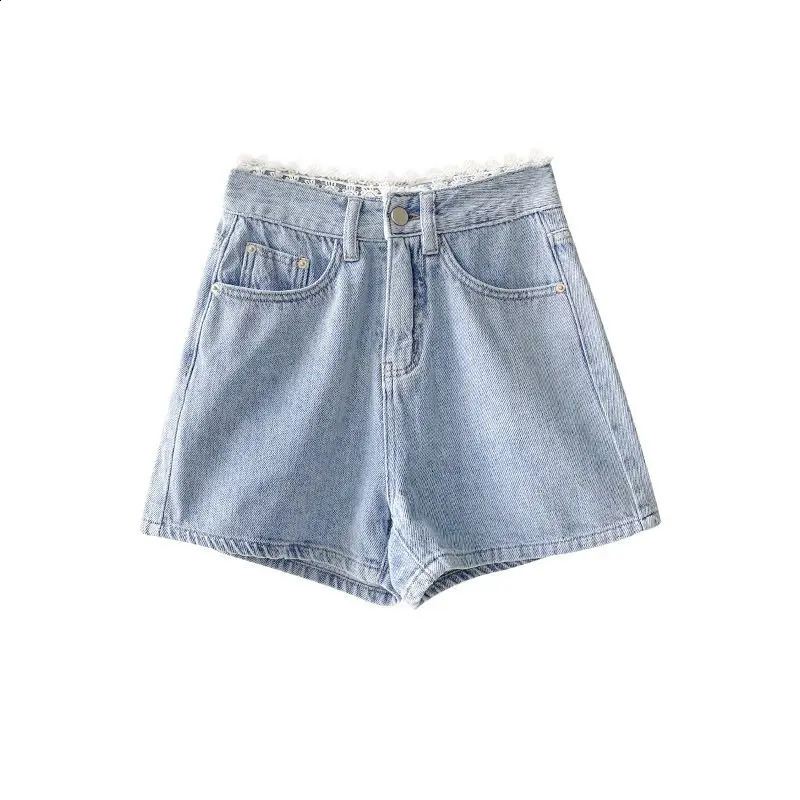 Shorts Women Denim Blue High Waist Summer Casual Bottoms Button Fly Loose Wide Leg Lace All-match Streetwear A-line Korean Chic 240821