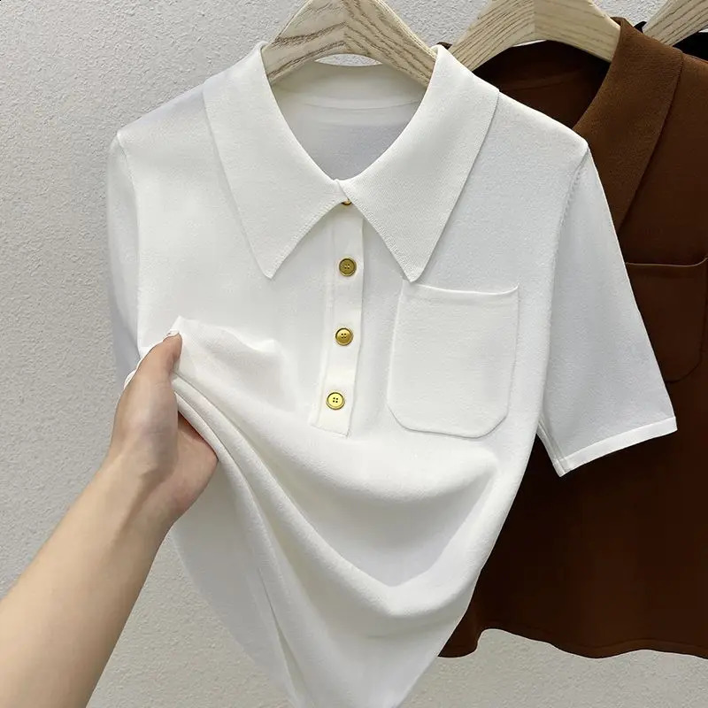 Women Clothing Knitted Polo Shirts Korean Fashion Summer T-Shirt Versatile Solid Female Casual Loose Short Sleeve Thin Tops 240822
