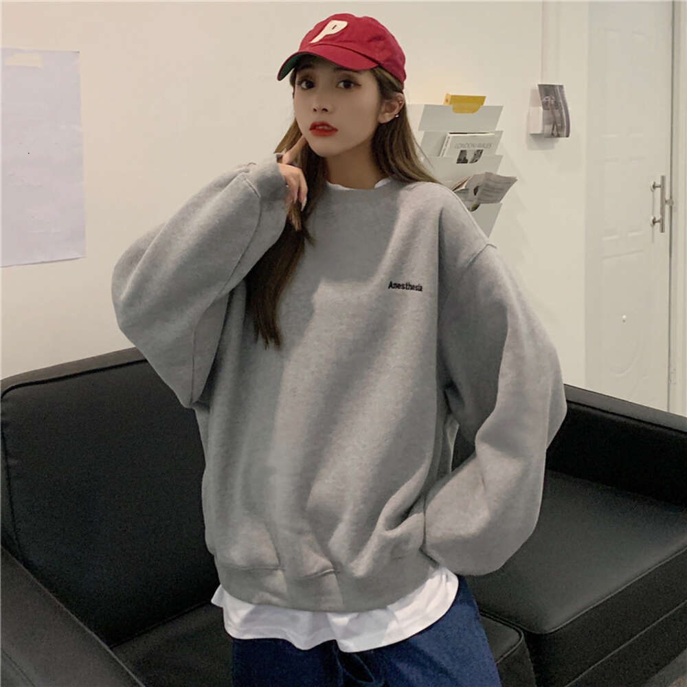 autumn and winter new college letter embroidery fake two-piece hoodie women's long sleeved pullover BF style loose top trend dongdumaoyi