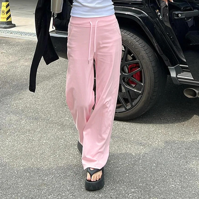 IAMTY Y2K Drawstring Waist Pants Pink Sweet Baggy Straight Leg Trousers Cute Casual Basic Sweatpants Jogging Streetwear 240821