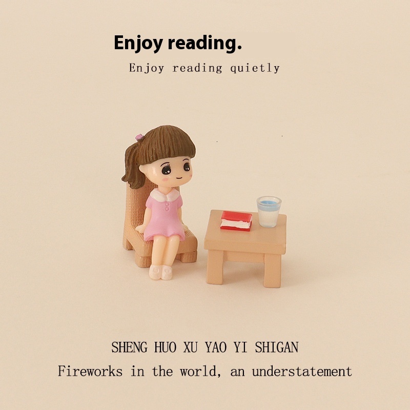 Mini water cup tables chairs, cute boys and girls reading, micro landscape scenes, baby house accessories, home decoration, desktop ornaments