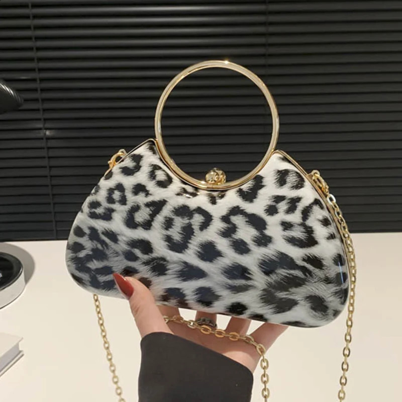 Female Party Purse Metal Ring Handlebag Fashin Day Clutches Khaki Leopard Women Handbag Crossbody Shoulder Bag 240822