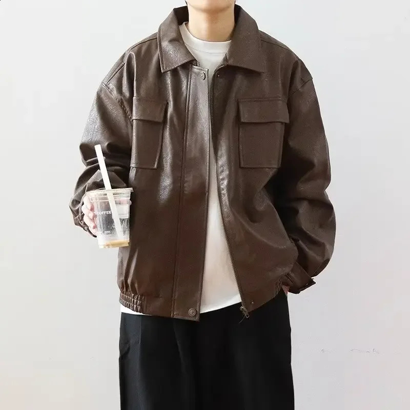 American Style Pu Leather Jacket For Men Spring Autumn Vibe Street Windproof Instrendy Flight Pilot Top Casual Loose Fit 240822