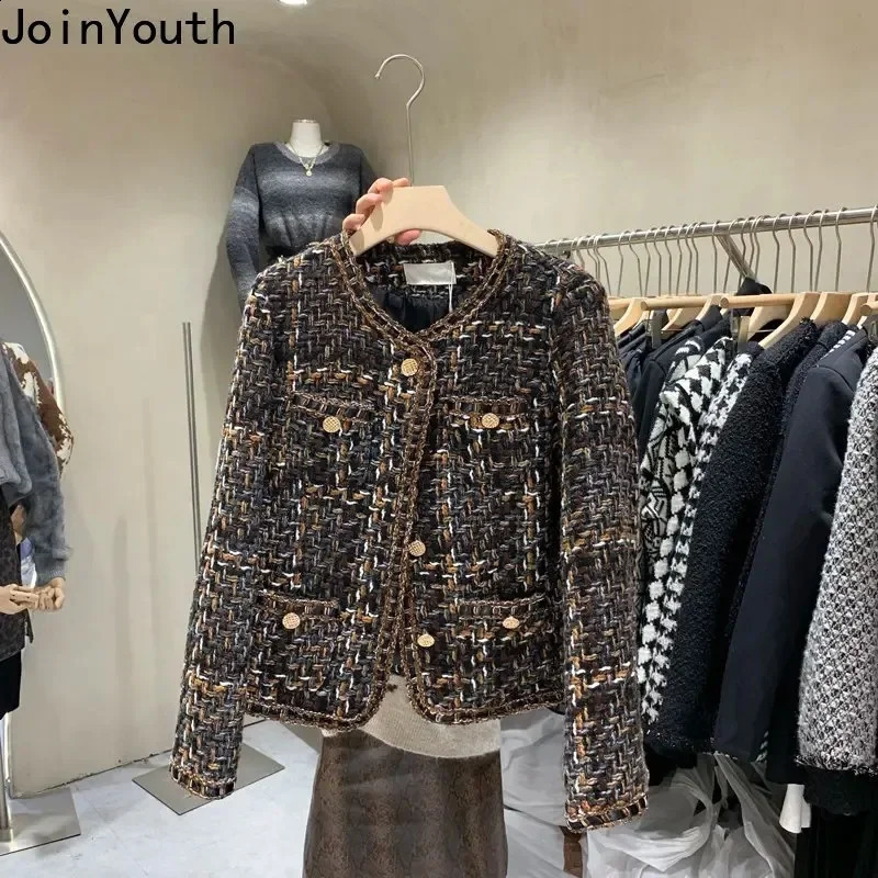 Lanjia- Vintage Jackets Women Clothing O-Neck Long Sleeve Pocket Tweed Temperament Tops Fashion Korean Cropped Coat Y2k Clothes 02056