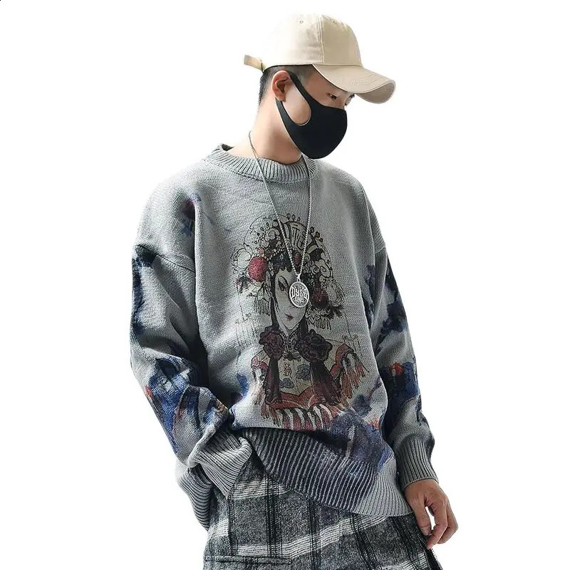 Hip Hop Sweater Mens Autumn Couple Knitted Jumper Anime Beijing Opera House Printing Retro Pulleys Harajuku Grey 240821