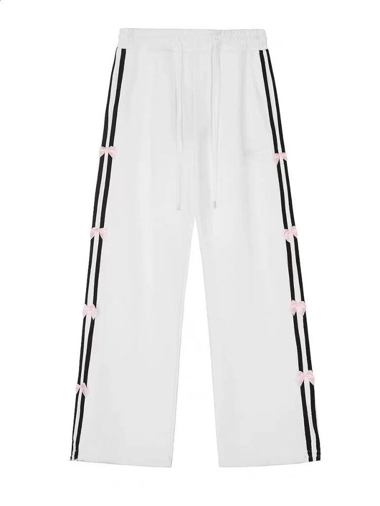 ADAgirl Oversize White Bow Joggers Women Y2k Hip Hop Fashion Stripe High Waist Wide Leg Sport Pants Streetwear Casual Sweatpants 240821