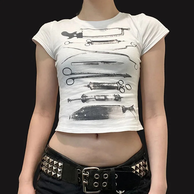 Goth dark Acubi Fashion Print Short Sleeve T-Shirt Casual O-neck Crop Tops For Women Anime E- Streetwear Slim Tees Gothic 240822