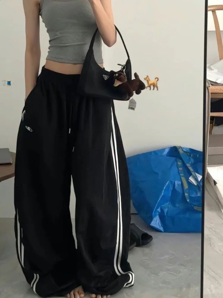 QWEEK Y2K Harajuku Vintage Striped Pants Women Loose Embroidery Wide Leg Casual High Waist Kpop Fashion Sweatpants 240821
