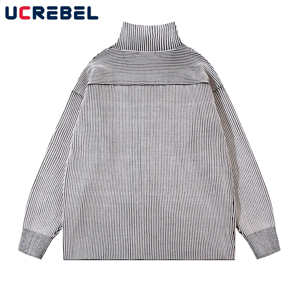 Letter Jacquard Striped Double-sided Sweater Mens Autumn Winter High Street Long Sleeve Loose Knitted Pullover Men 240821