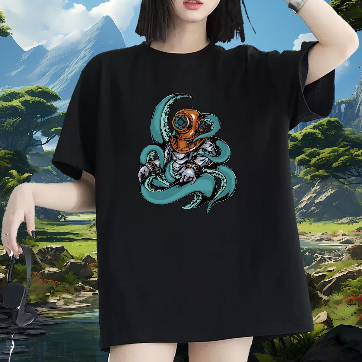 Nice Women Tees 230g Pure Cotton cosmonaut Casual T Shirts Women O-Neck Short Sleeve Customized Print Tees Shirts