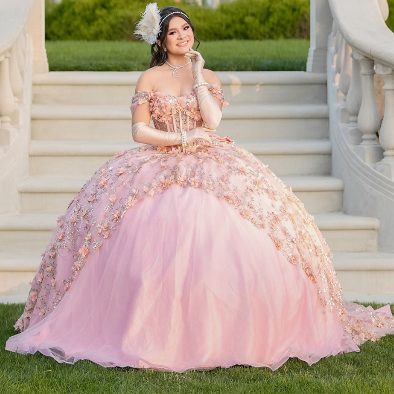 Pink Shiny Off Shoulder Ball Gown Quinceanera Dresses 3D Flowers Appliques Lace Beads Tull Corset Vestido De 15 Anos Sweet 16 Dress