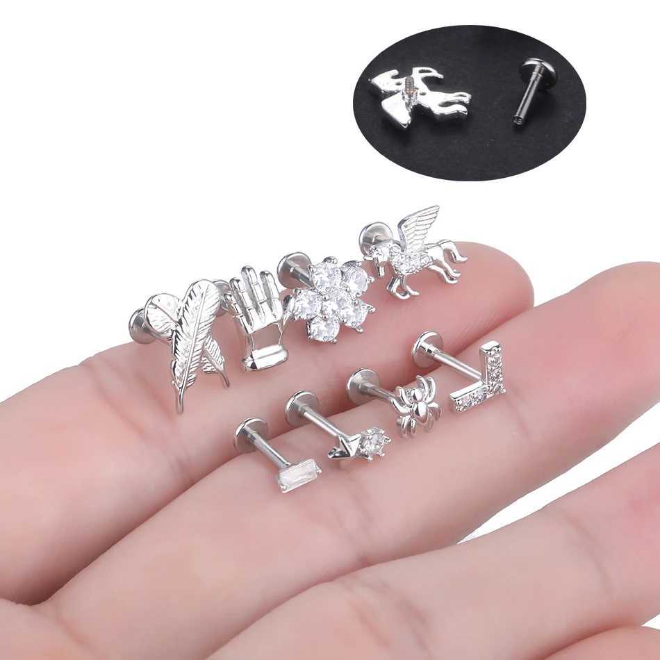 1PC Spider Feather Lip Monroe Studs Labret Piercing 16G CZ Flower Ear Cartilage Tragus Daith Lobe Piercing Earring for Women Men Y240921