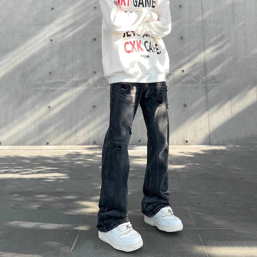 Streetwear Ripped Jeans Men Autumn Black Flared Trousers Casual Y2k Vaqueros Pantalones Hombre Winter Street Hole Denim Pants 240821