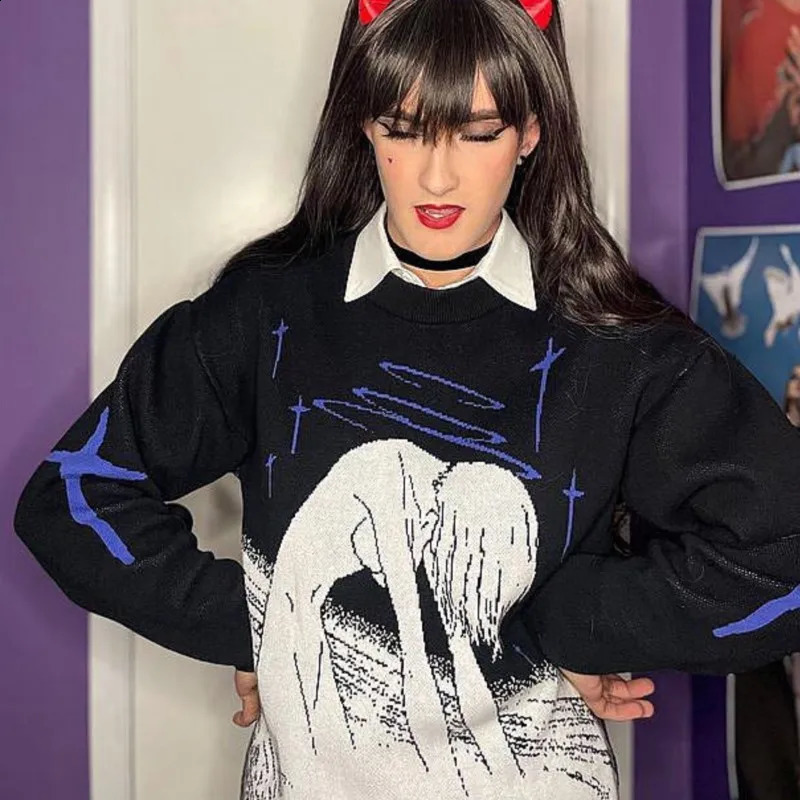 Japanese Kawaii anime pattern printing knitted Oneck womens Pullover Y2K Harajuku streetwear fairy fold loose couple sweater 240821