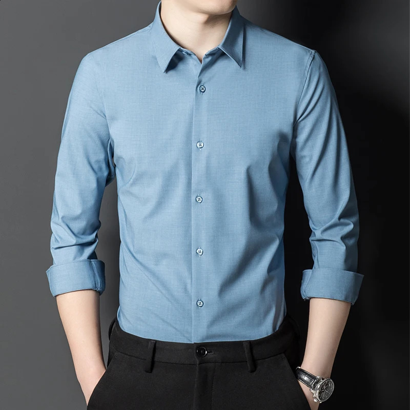 Bamboo Fiber Solid Color Mens Shirt Long-Sleeved Breathable Comfortable Anti-Wrinkle Casual Fashion Business Formal Shirts 240822