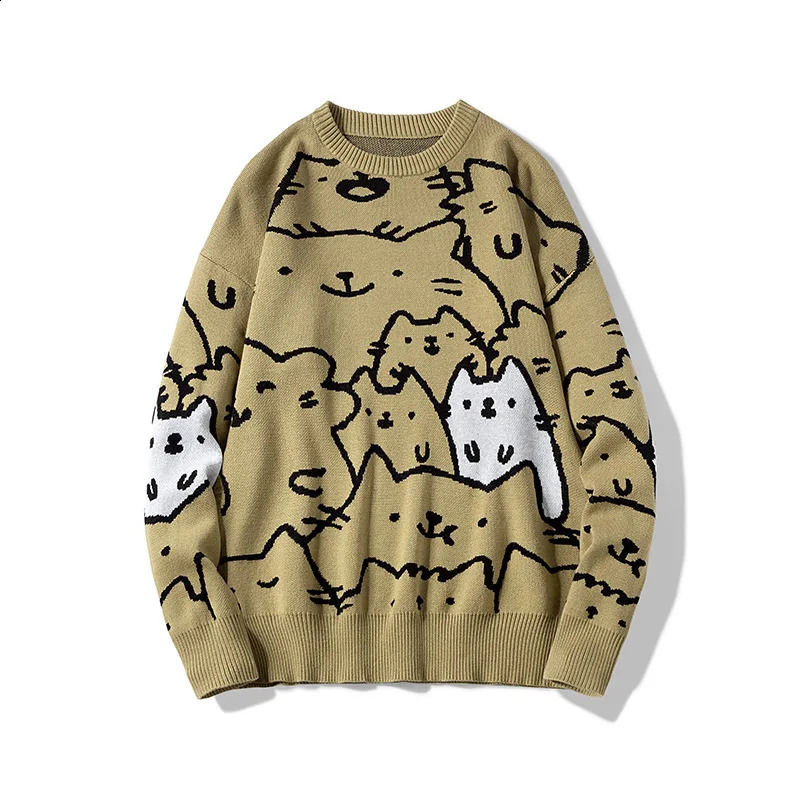 Autumn cotton anime sweater mens retro Harajuku oversized loose and cute cartoon cat pull up clothing 240821