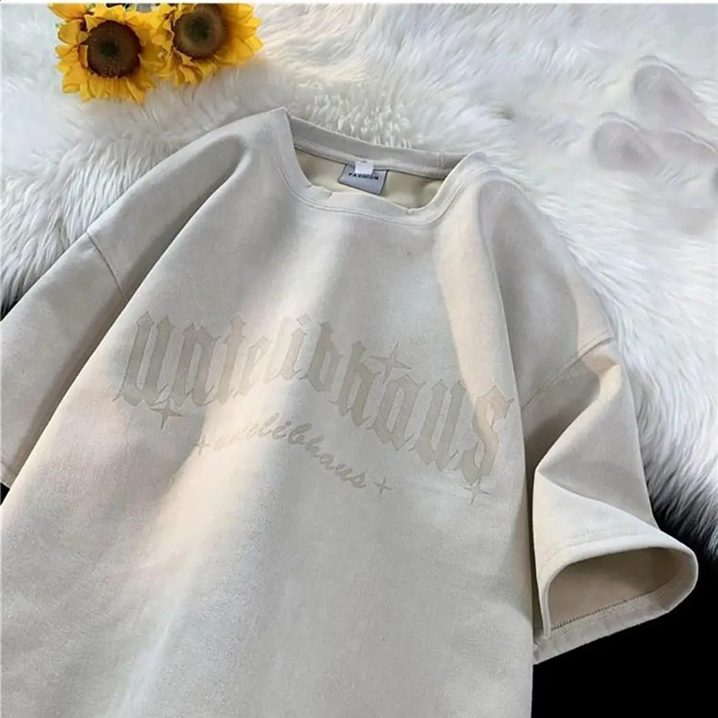 Military green suede flor short sleeved Tshirt suitable for summer men Vintage trend handmade heavyduty clothing y2k from the United States 240822