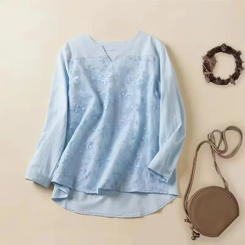 SummerAutumn Womens Cotton Linen Shirt Vneck Embroidered Lace Top Long Sleeve Loose White Elegant Large Casual 240822