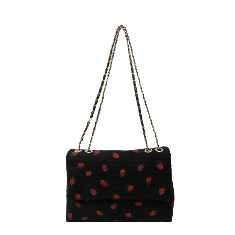Cute Strawberry Pattern Women Shoulder Bags Big Flap Chains Crossbody Bag Casual Vintage Corduroy Messenger Underarm 2024 240821