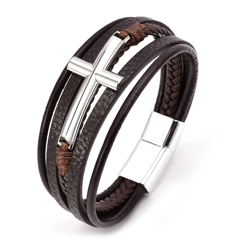 New Cross Leather Bracelet Men's Multi layer Leather Rope Weaving Bracelet Men's Alloy Bracelet
