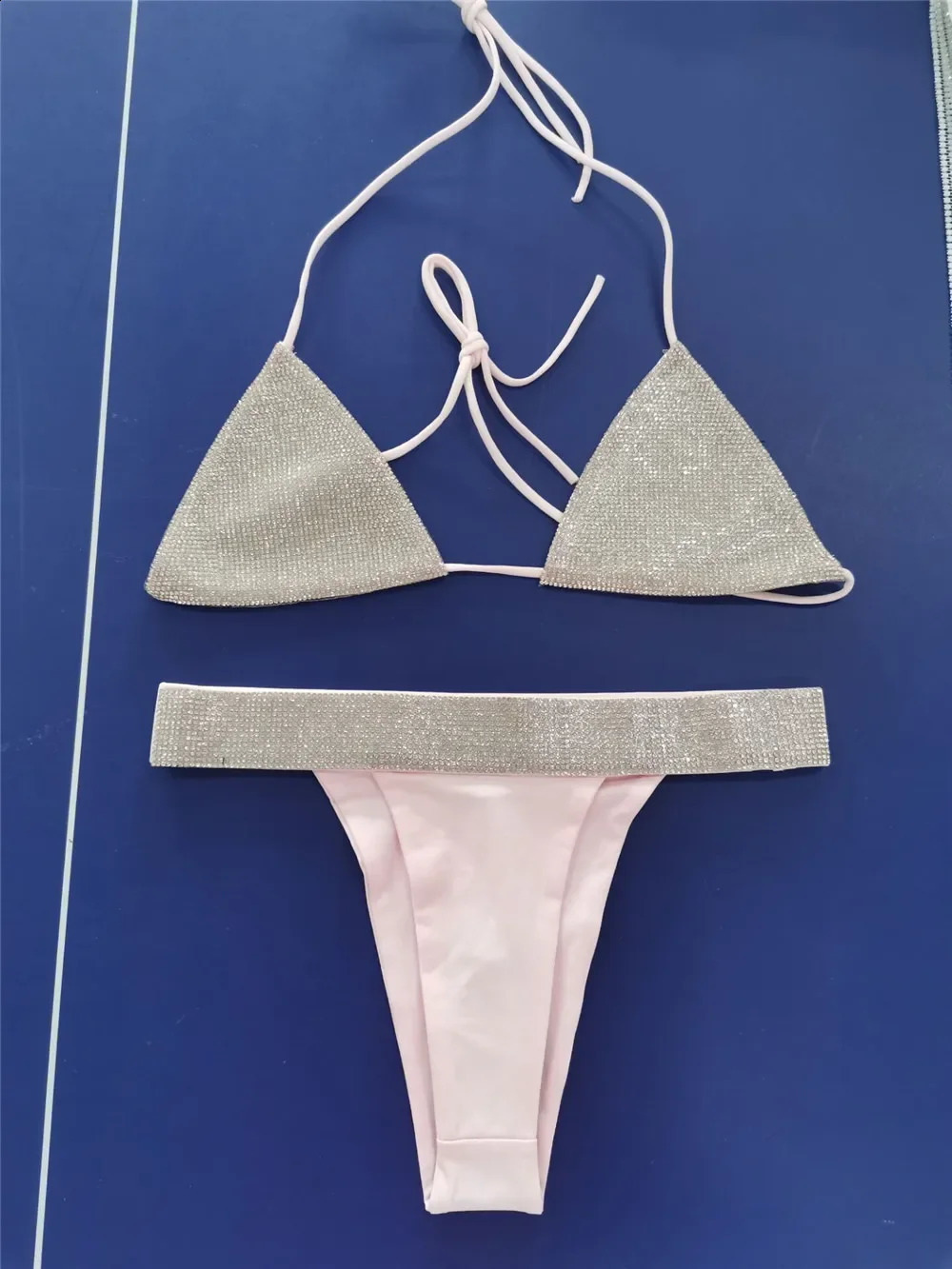 Sexy Diamonds Sequin Bikini Set Women Halter Bandage Swimsuits Rhinestone Micro Thong Brazilian Beach Bathing Suit Biquini 240822